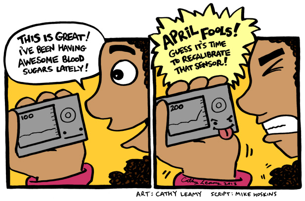 Short comic about glucose monitors, written by Mike Hoskins, illustrated by Cathy Leamy
