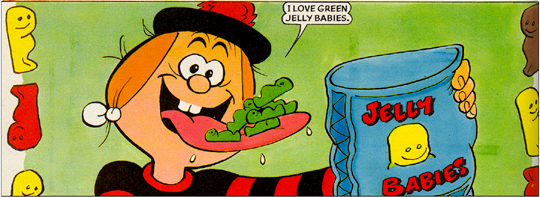 Panel of *The Beano* with Minnie the Minx loving on green jelly babies