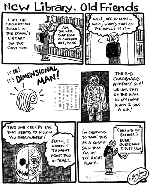 Comic about an amazing I HAD THAT! moment at the grad school library