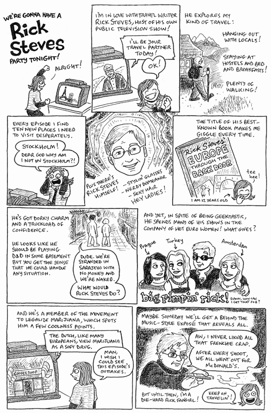 Cartoon about Rick Steves, public television travel writer